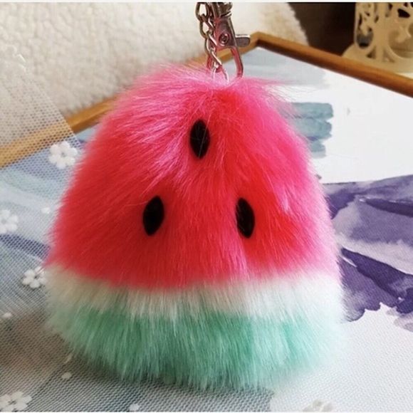 Red & Green Fuzzy Watermelon Pom Pom Keychain - Picture 2 of 6